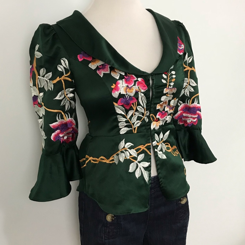Free People Emerald Green Embroidered Deep V Top